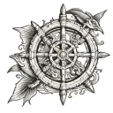 wooden pirate ship wheel with “Fish” engraved tattoo design idea