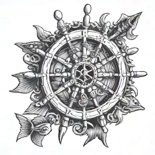 wooden pirate ship wheel with “Fish” engraved tattoo design idea