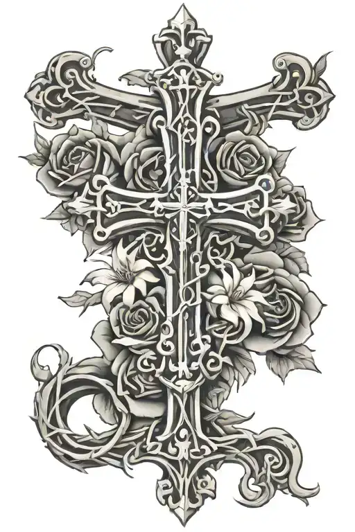 chrome hearts cross with slight roses and crown of thorns tattoo design idea