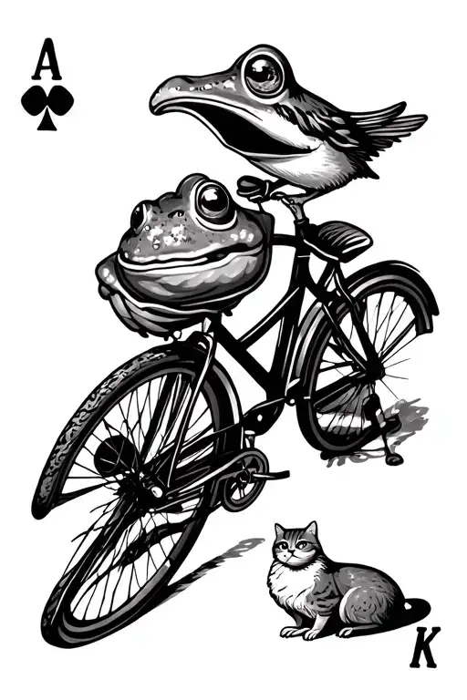 K playing card with bike a frog and a oriel bird a ice cream and a pillow with a cat on it tattoo design idea