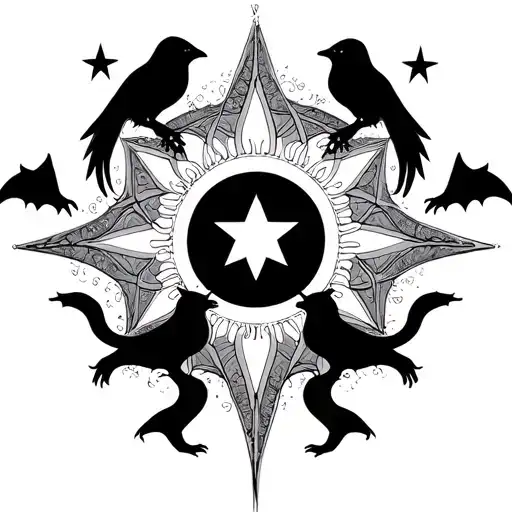 Sun middle, crescent moons each side Small bats and Crows cats, ornate, lace, diamond style stars (elongated black star tattoo design idea