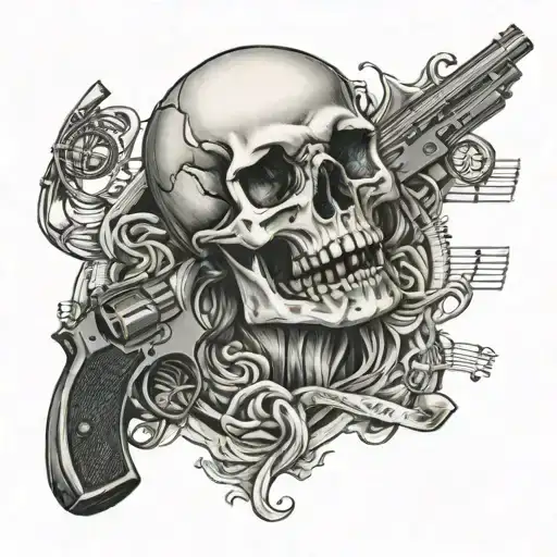 skull and handgun intertwined with musical notes tattoo design idea