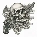 skull and handgun intertwined with musical notes tattoo design idea