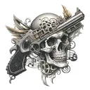 skull and handgun intertwined with musical notes tattoo design idea