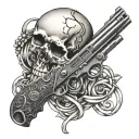 skull and handgun intertwined with musical notes tattoo design idea