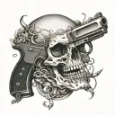 skull and handgun intertwined with musical notes tattoo design idea