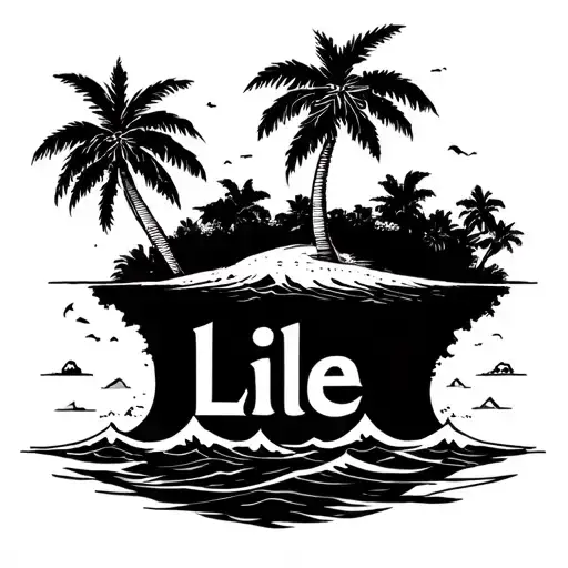 An island with written Lille but hide example in the palm tree or the waves I do not want it to be written lille tattoo design idea