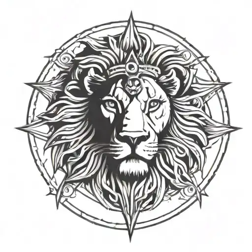 Radiant sun with Lion head in center. The lion's right eye is the Eye of Horus and the left eye is the Eye of Ra tattoo design idea