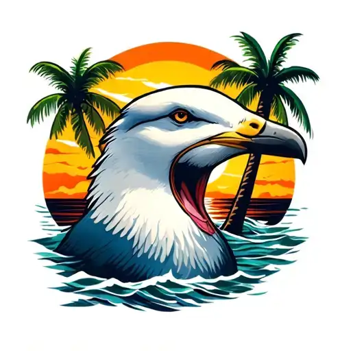 loud seagull head with palm trees colors sunset tattoo design idea