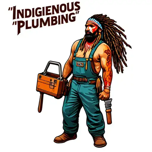 "Indigenous Plumbing " "Indigenous Plumbing " dreadlock painted face Native American plumber holding a toolbox tattoo design idea