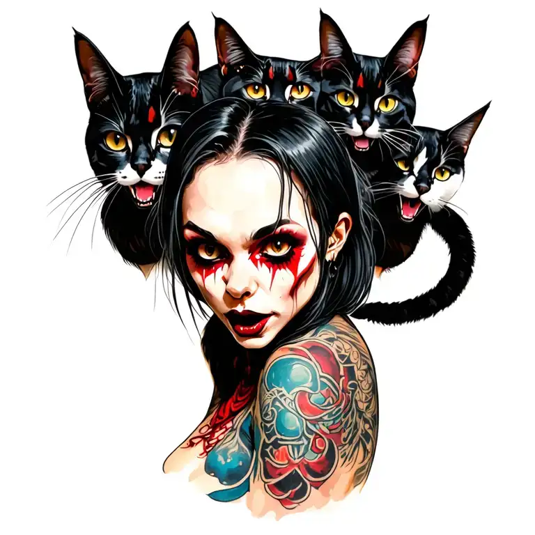 woman punk with gang of cats tattoo design idea