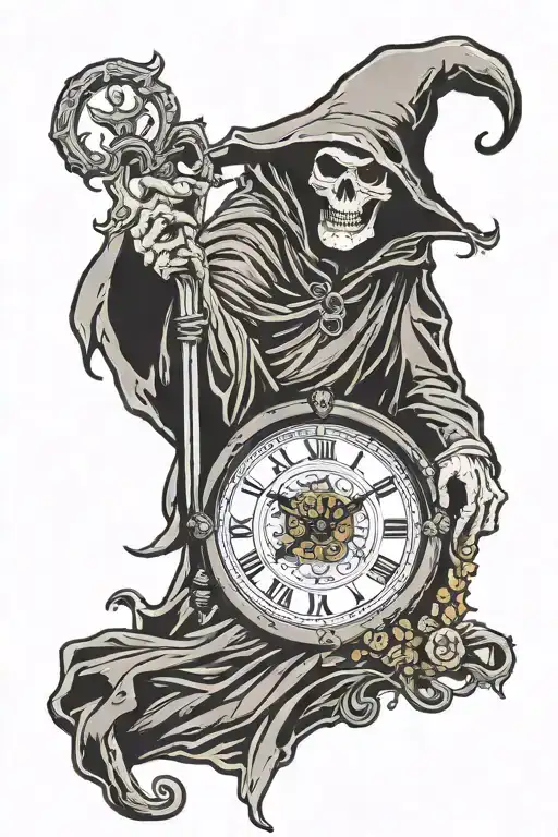 grim reaper clock dial pointing at 4:12 with bible verse John 11:25-26 tattoo design idea