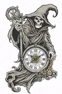 grim reaper clock dial pointing at 4:12 with bible verse John 11:25-26 tattoo design idea