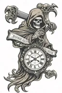 grim reaper clock dial pointing at 4:12 with bible verse John 11:25-26 tattoo design idea