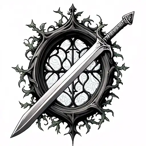 gothic church window and sword intertwined with vines tattoo design idea