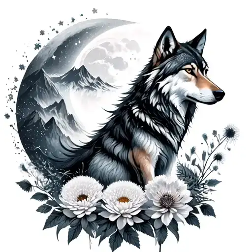 wolf girl chrysanthemum dandelion lotus sakura tree pine tree mountain waterfall scorpion scorpio constellation moon tattoo design idea