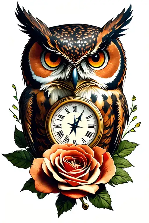 owl on top clock and compass 2 roses  tattoo design idea