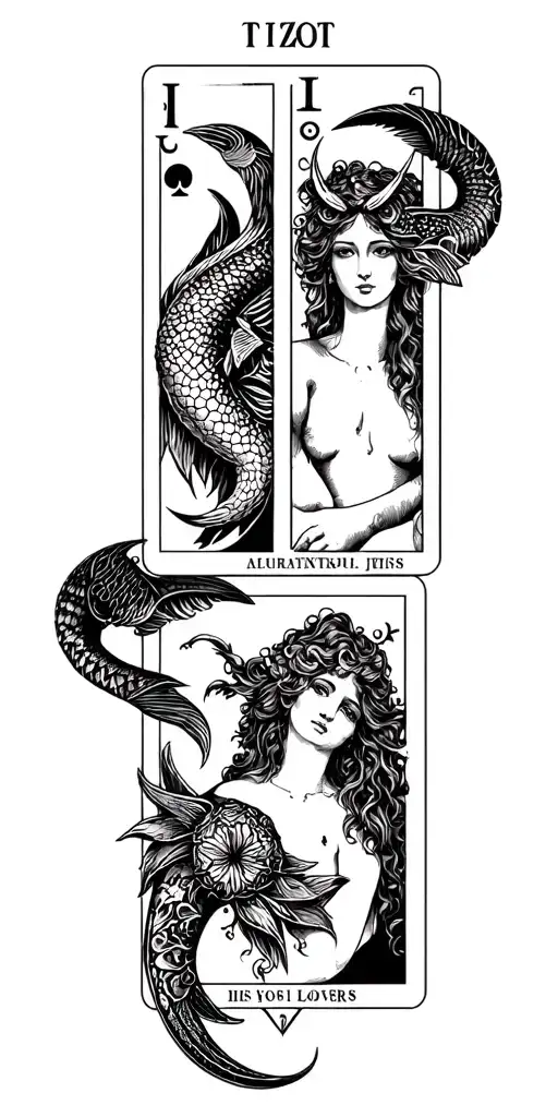tarot cards with pisces, capricorn, aquarius, and the lovers  tattoo design idea
