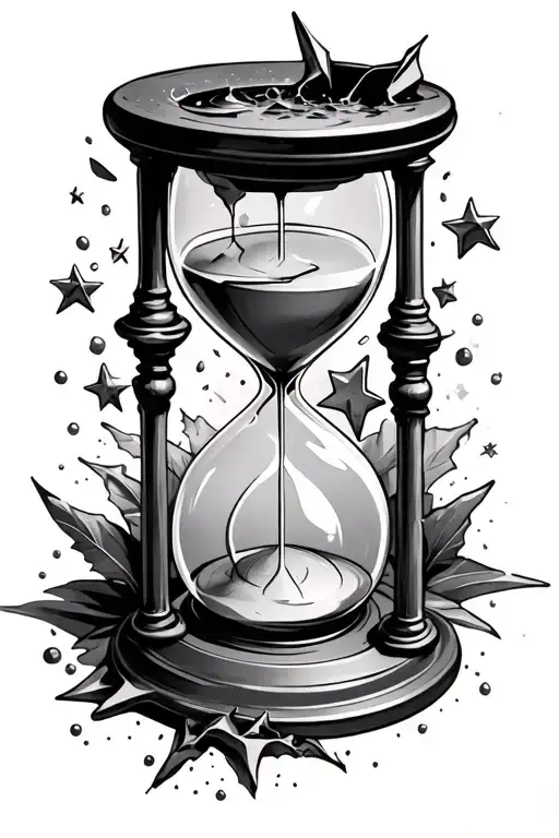 an hourglass broken at the top with stars refilling the top with stars, increasing the time of the hourglass tattoo design idea