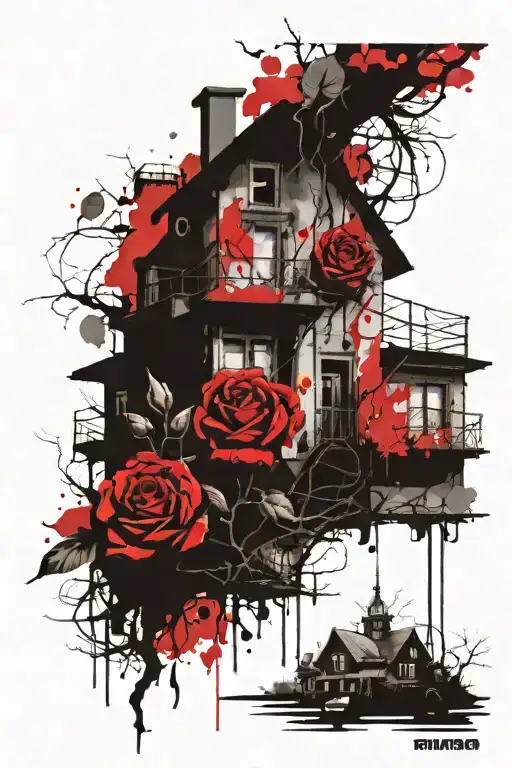Abandoned Stalin-era house, roses, tree roots tattoo design idea
