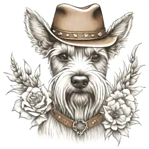 wheaten female schnauzer with cowgirl hat and brown eyes and a collar with flowers  with western background tattoo design idea