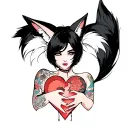anime woman with black hair, tattoos, fox tail and fox ears stitching together a broken heart wrapped with fox tails tattoo design idea