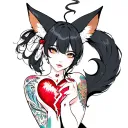 anime woman with black hair, tattoos, fox tail and fox ears stitching together a broken heart wrapped with fox tails tattoo design idea