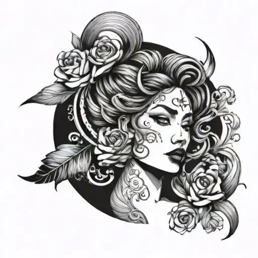 A blackwork tattoo of a beautiful woman with exaggerated features, inspired by the client's love for big titty women tattoo design idea