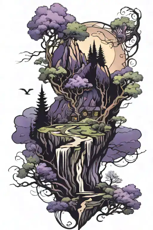 mysterious ways or paths from the purple sea to the mountains and the second to the woods tattoo design idea