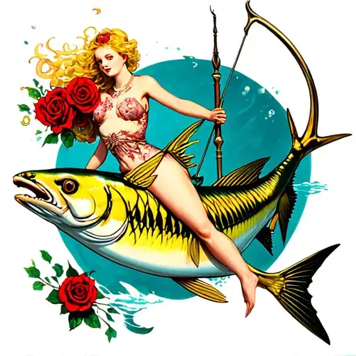 short blonde wildish fair on petite small breasted sea nymph riding a skeletal yellow in tuna with red roses and harpoon tattoo design idea