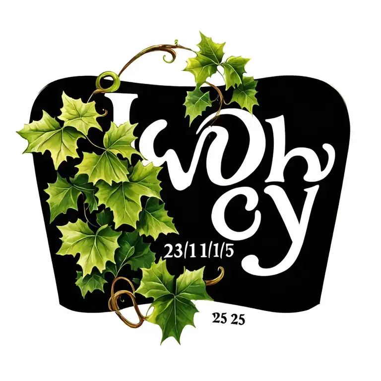 Ivy leaf vine with name Ivy and DOB 23/11/25 tattoo design idea