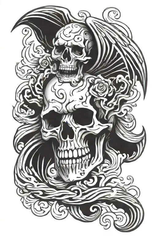 Fallen Angel skull flame snake tattoo design idea