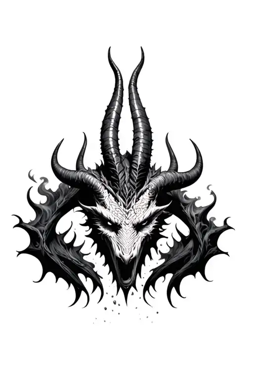 demon with horns bahamut head emerging from smoke tattoo design idea