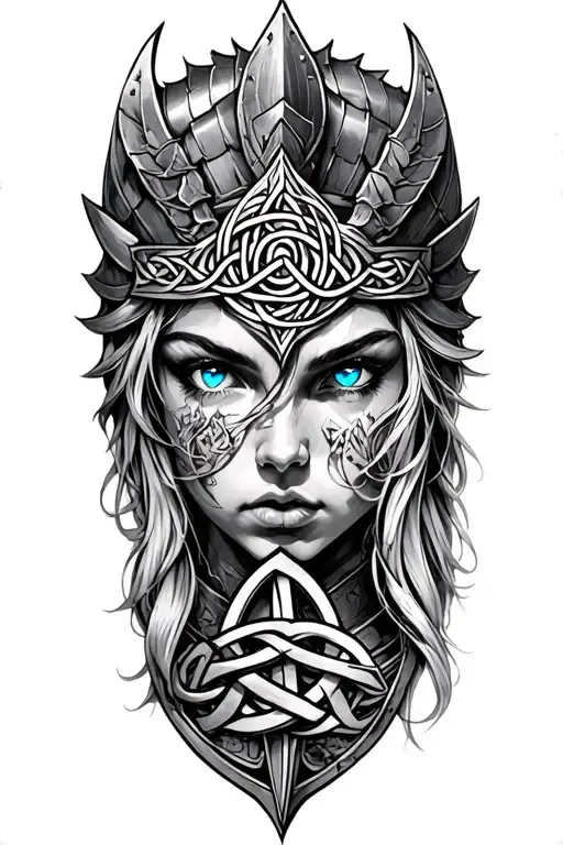 Valkyrie with blue eyes on armor tattoo design featuring Celtic trinity knot  tattoo design idea