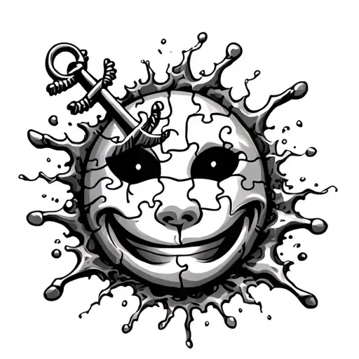 happy face puzzle with a anchor breaking through the surface tattoo design idea