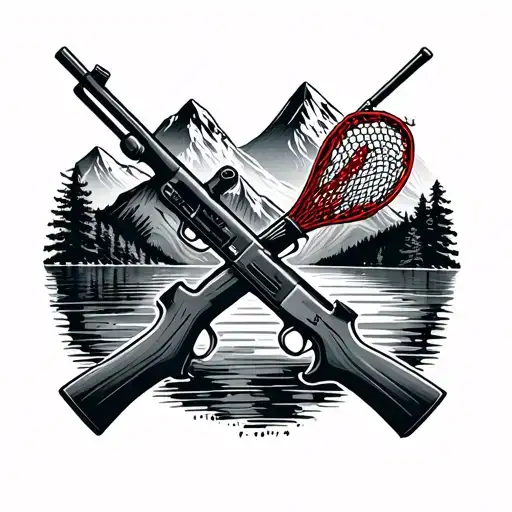 A black-grey design of a hunting rifle and fishing net crossed over a mountain range, symbolizing the client's love for both activities tattoo design idea