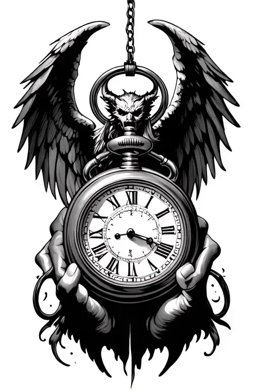 demon and angel wings holding pocket watch surrounded tattoo design idea
