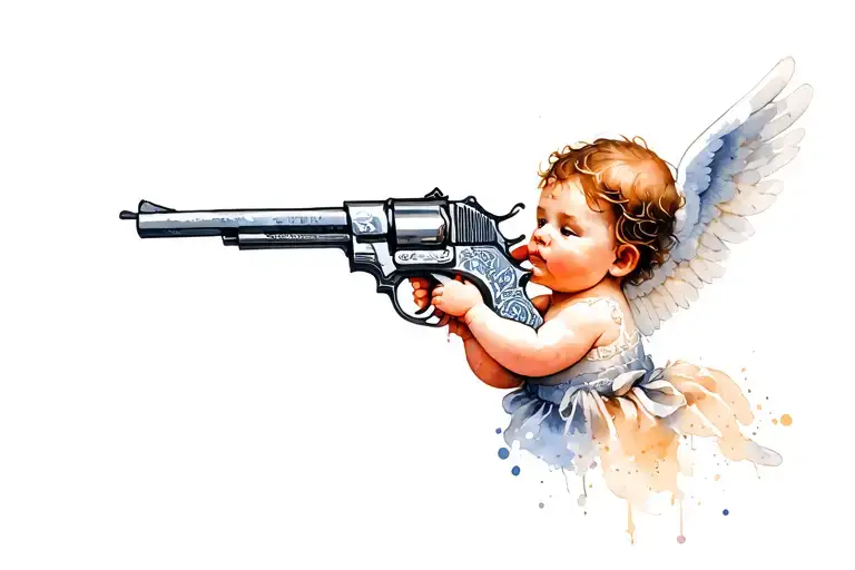 Baby Angel Holding Thomson gun tattoo design idea