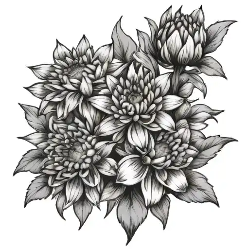 bouquet of the flowers aster, chrysanthemum, and narcissus tattoo design idea