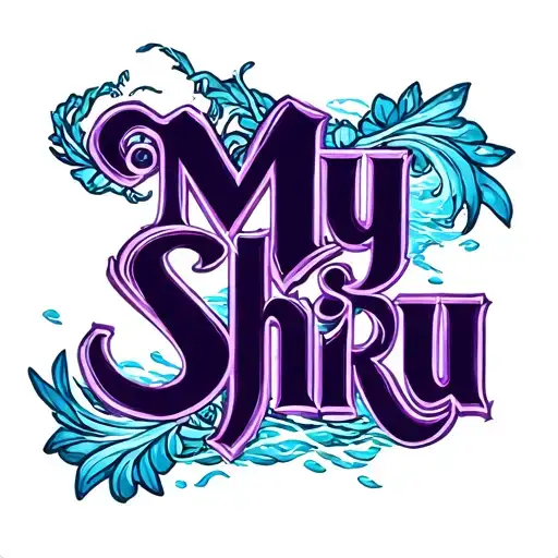 Create An image that has the words "My Shīru" in a Purple Oceanic Font tattoo design idea