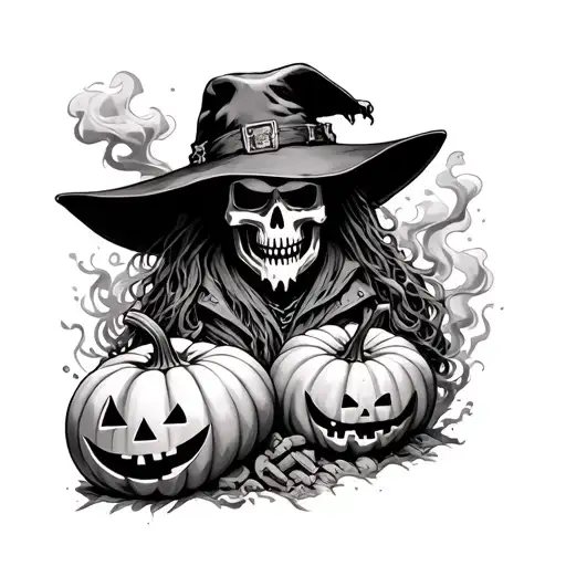 Halloween style with Japanese style smoke, pumpkin's, scarecrow, wu tang logo, skeletons, mf doom tattoo design idea