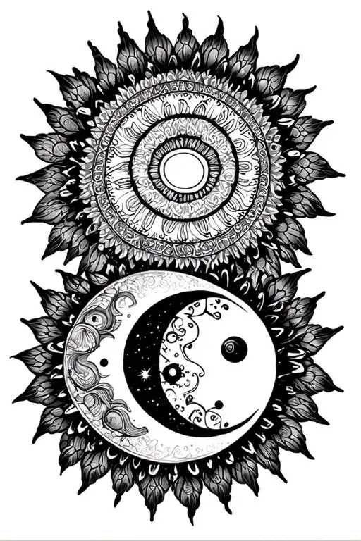 sun and moon together with surrounding mandala tattoo design idea