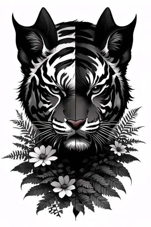 tiger looking back in wild flowers and ferns, the a half oni mask and half kitsune mask.  tattoo design idea
