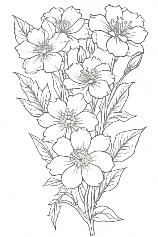 A small dainty bouquet of flowers including the birth flowers: marigold, cosmo, daffodil, violet and rose tattoo design idea
