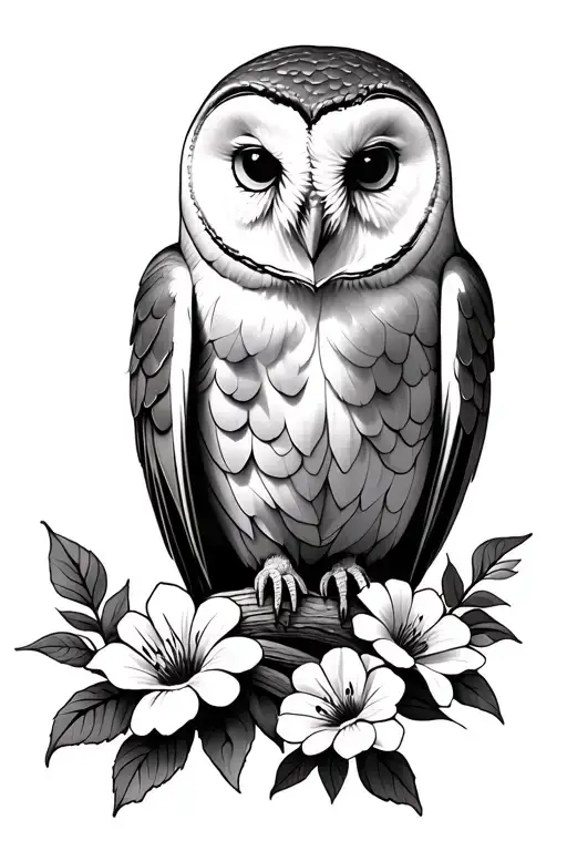 barn owl and flowers tattoo design idea