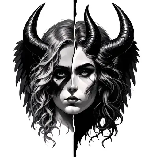 split face angel and devil horns tattoo design idea