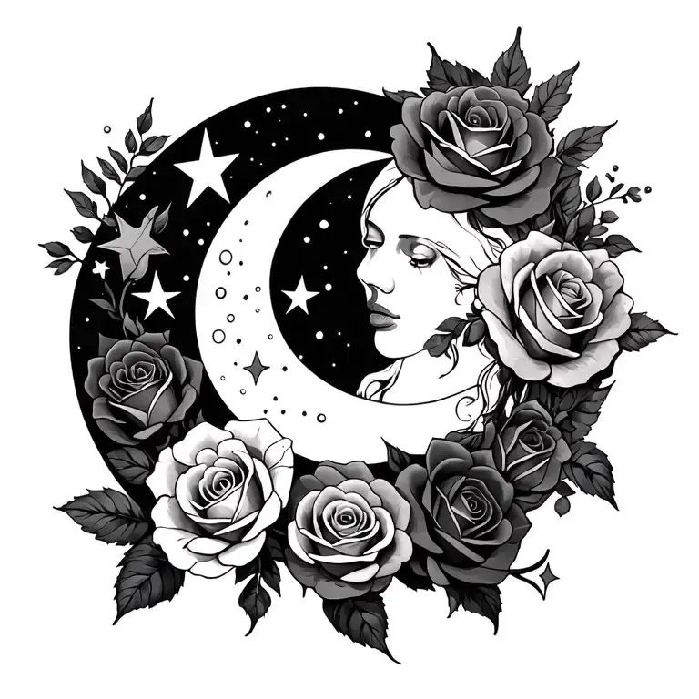 moon,stars and roses intertwined tattoo design idea
