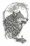 Portrait of a wolf howling at the moon, below a forest, a river, a rook with Vikings tattoo design idea