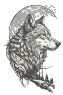 Portrait of a wolf howling at the moon, below a forest, a river, a rook with Vikings tattoo design idea