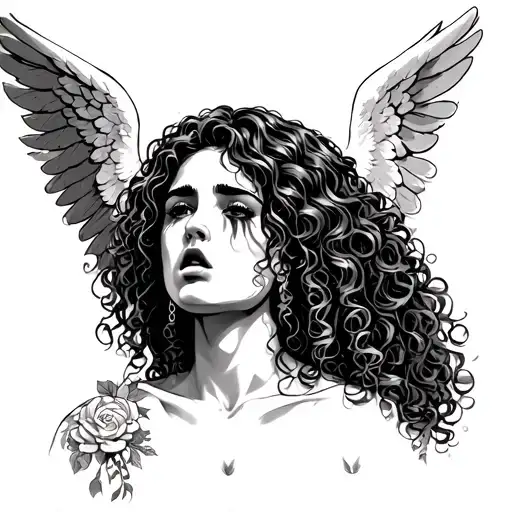 female curly hair Latina angel crying tattoo design idea